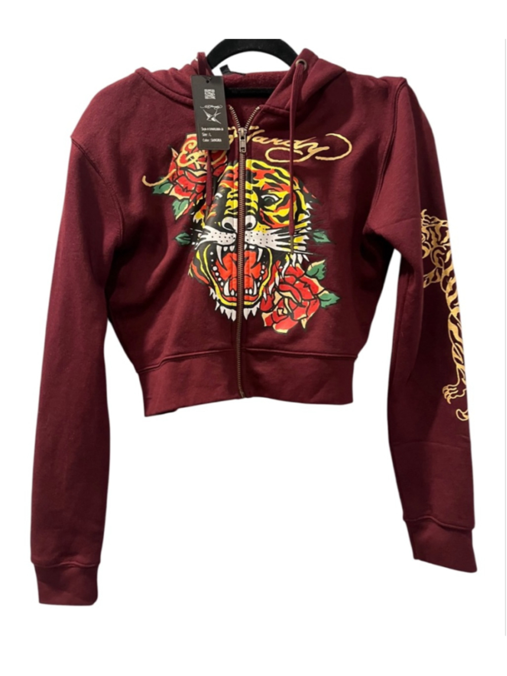 Ed Hardy NWT Y2K Cropped Zip Up Hoodie Burgundy Retro Tiger Rose Size Large